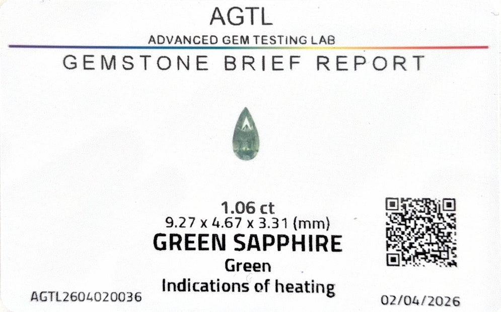 Kenyan Green Sapphire Pear Shape AGTL Certified 1.06ct (H) 9.27x4.67mm 650pct