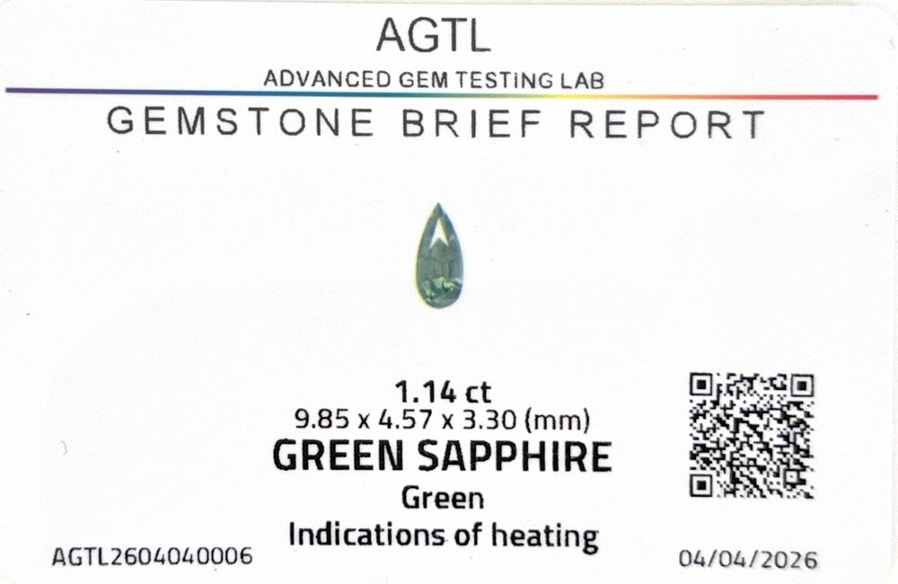 Kenyan Green Sapphire Pear Shape AGTL Certified 1.14ct (H) 9.85x4.57mm 400pct