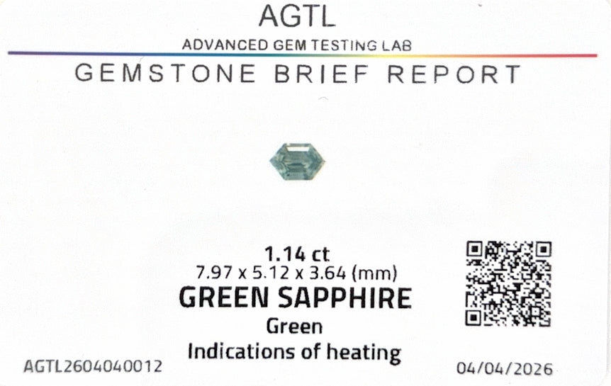 Kenyan Green Sapphire Hexagon AGTL Certified 1.14ct (H) 7.97x5.12mm 600pct