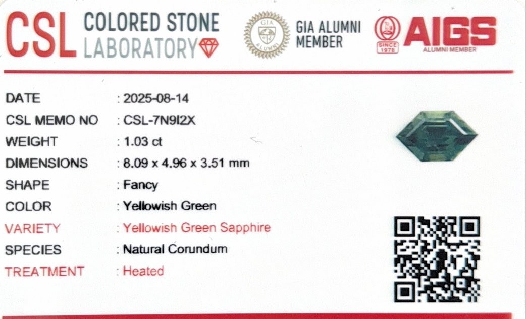 Kenyan Green Sapphire Hexagon CSL Certified 1.03ct (H) 8.09x4.96mm 400pct