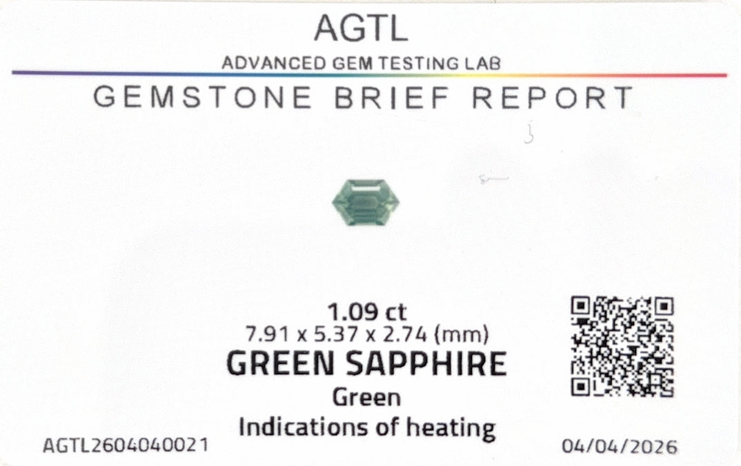 Kenyan Green Sapphire Hexagon AGTL Certified 1.09ct (H) 7.91x5.37mm 650pct