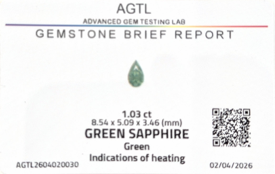 Kenyan Green Sapphire Pear Shape AGTL Certified 1.03ct (H) 8.54x5.09mm 700pct