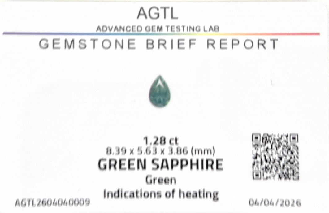 Kenyan Green Sapphire Pear Shape AGTL Certified 1.28ct (H) 8.39x5.63mm 450pct