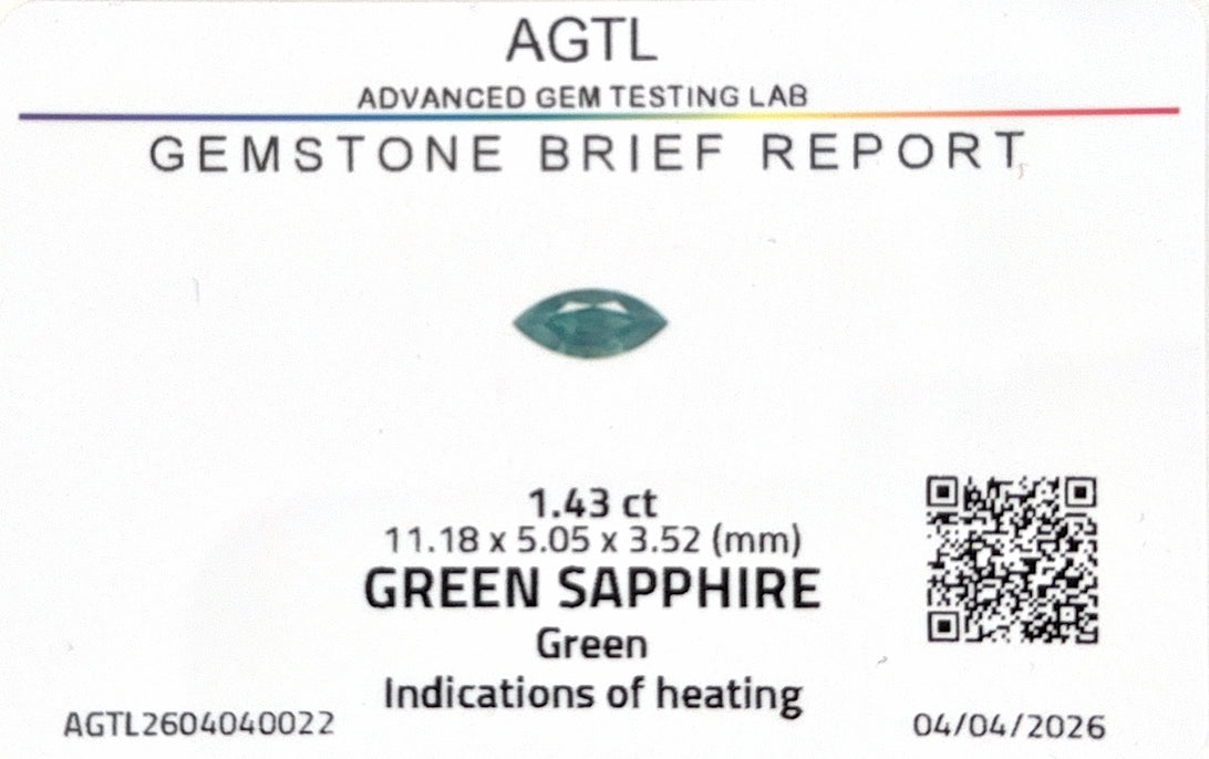 Kenyan Green Sapphire Marquise AGTL Certified 1.43ct (H) 11.18x5.05mm 800pct