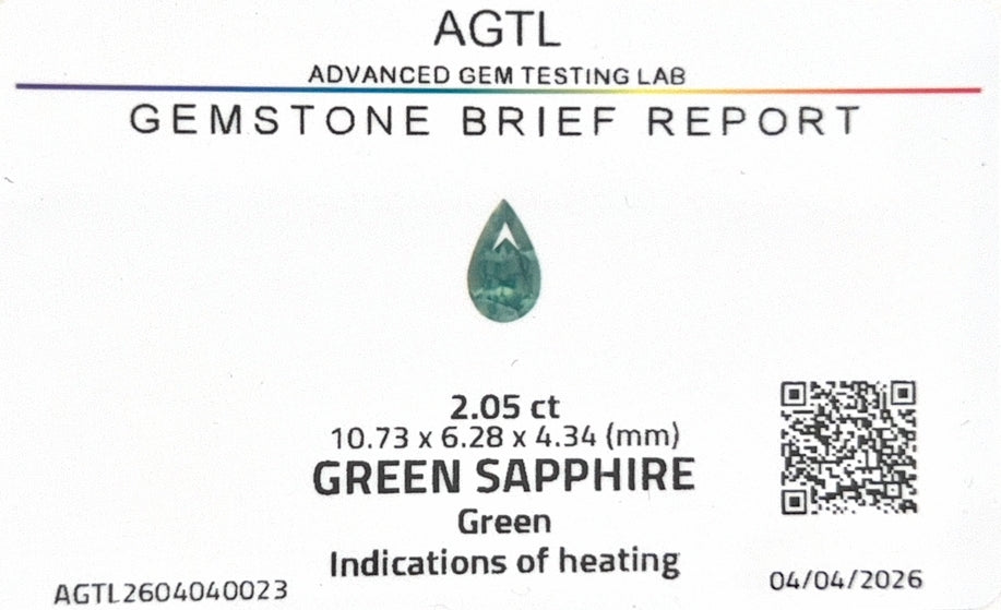 Green Sapphire Pear Shape AGTL Certified 2.05ct (H) 10.73x6.28mm 1100pct