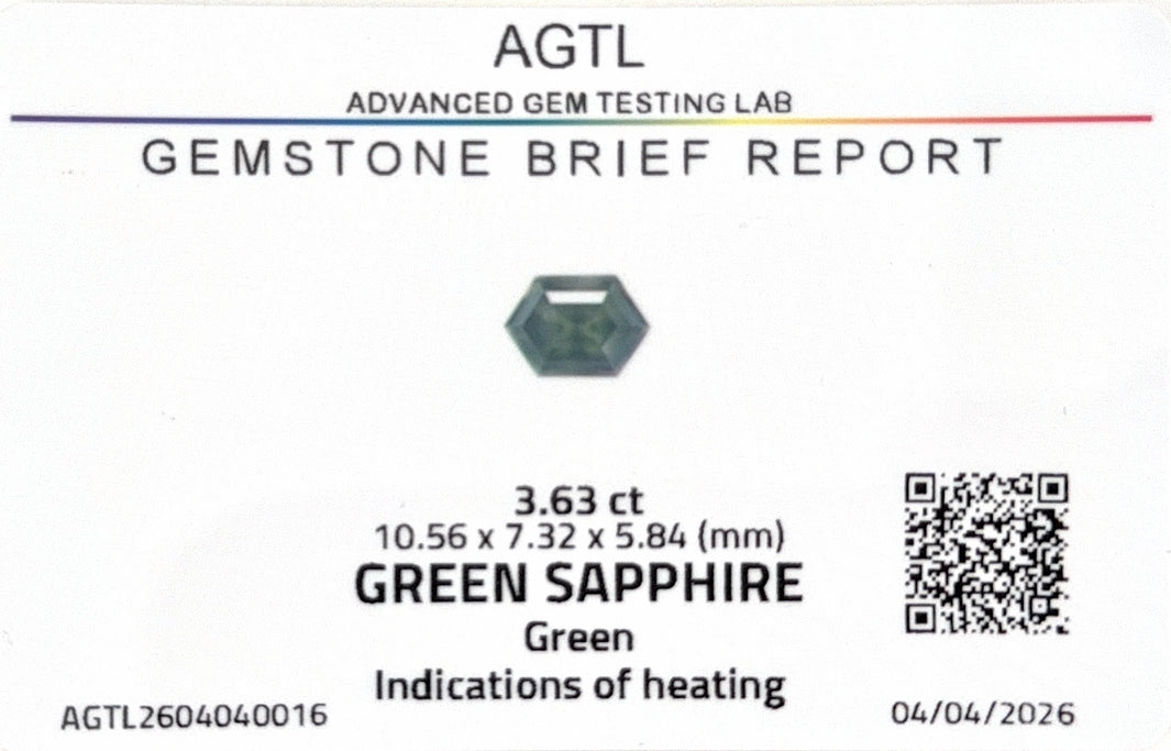 Green Sapphire Hexagon AGTL Certified 3.63ct (H) 10.56x7.32mm 1100pct