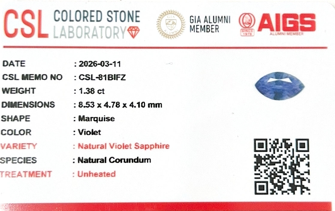 Sri Lankan Blue Sapphire Marquise CSL Certified 1.38ct (N) 8.53x4.78mm