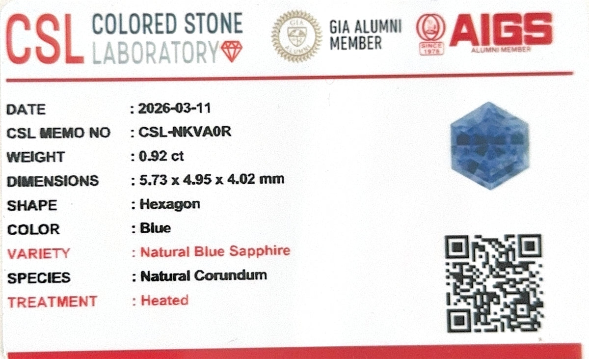 Sri Lankan Blue Sapphire Hexagon CSL Certified 0.92ct (H) 5.73x4.95mm