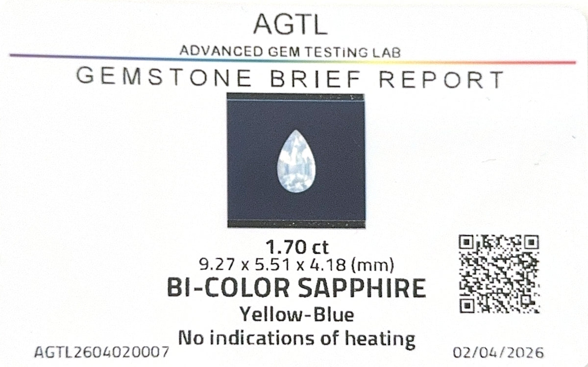 Sri Lankan Bicolor Sapphire Pear Shape AGTL Certified 1.70ct (N) 9.27x5.51mm