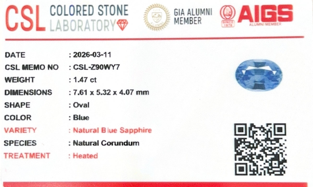 Sri Lankan Blue Sapphire Oval CSL Certified 1.47ct (H) 7.61x5.32mm
