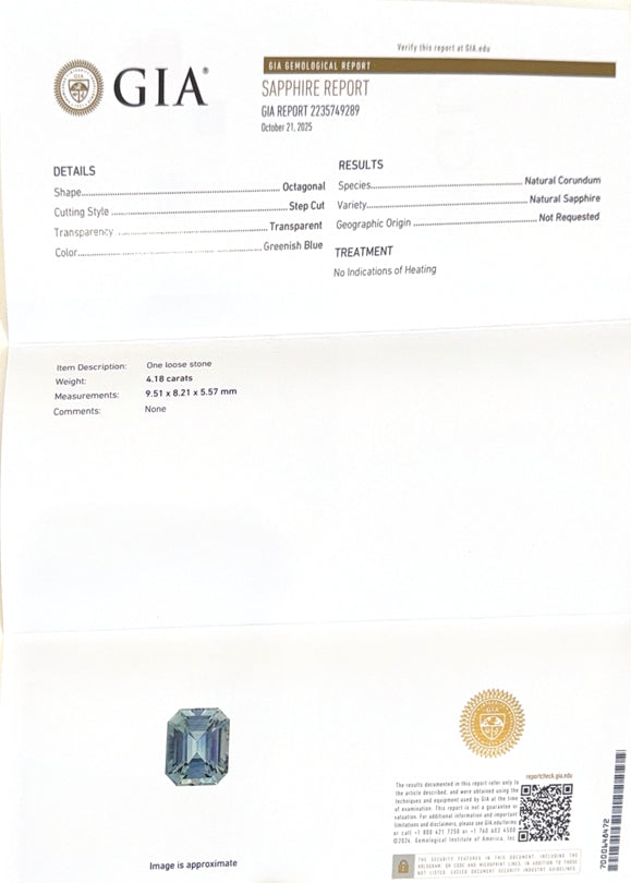 Teal Sapphire Emerald Cut GIA Certified 4.18ct (N) 9.51x8.21mm