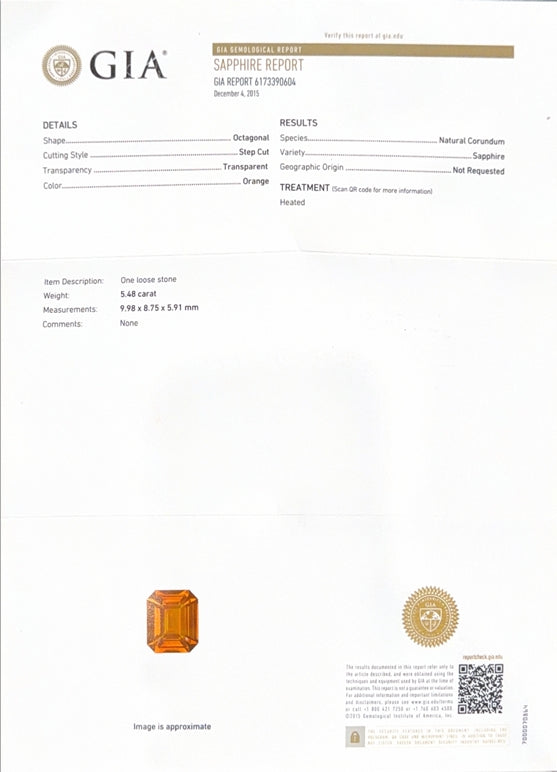 Sri Lankan Orange Sapphire Emerald Cut GIA Certified 5.48ct (H) 10x8.7mm