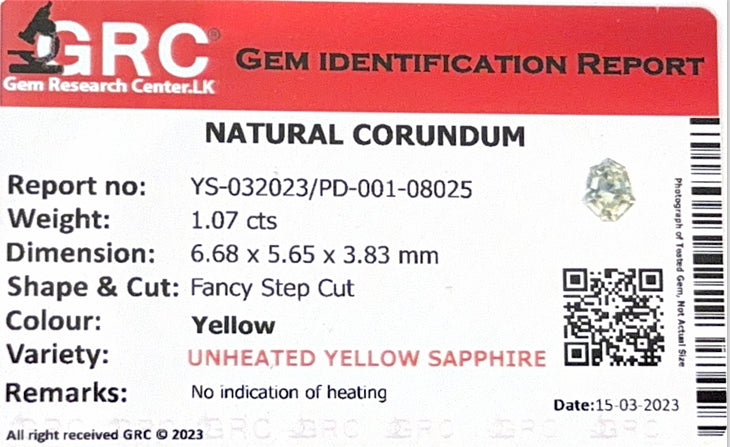 Sri Lankan Yellow Sapphire Fancy Cut GRC CERT 1.07ct (N) 6.68x5.65mm