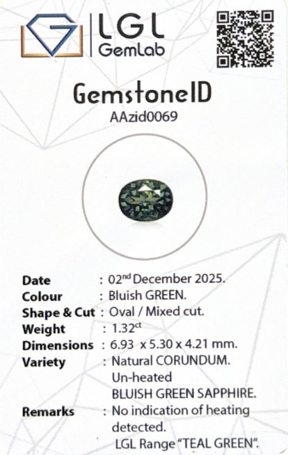 Madagascar Green Sapphire Oval LGL Certified 1.32ct (N) 6.93x5.3mm