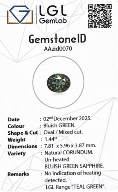 Madagascar Green Sapphire Oval LGL Certified 1.44ct (N) 7.81x5.96mm