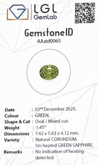 Madagascar Green Sapphire Oval LGL Certified 1.45ct (N) 7.62x5.63mm
