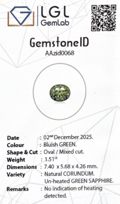 Madagascar Green Sapphire Oval LGL Certified 1.51ct (N) 7.4x5.68mm