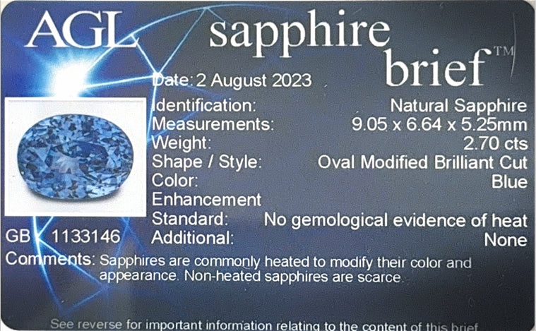Sri Lankan Blue Sapphire Oval AGL Certified 2.70ct (N) 9.05x6.64mm 2200pct