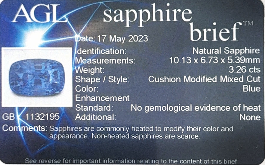 Sri Lankan Blue Sapphire Cushion AGL Certified 3.26ct (N) 10.13x6.73mm 2450pct
