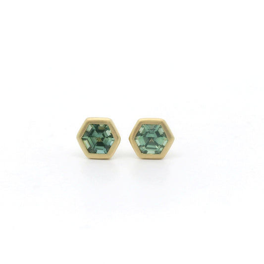 Teal Sapphire Hexagon Bezel Earring 0.66ct 18K Yellow Gold