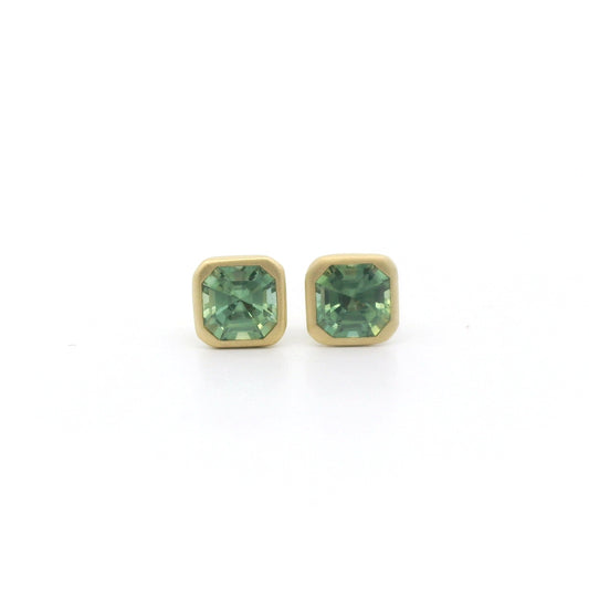 Teal Sapphire Asscher Bezel Earring 1.01ct 18K Yellow Gold