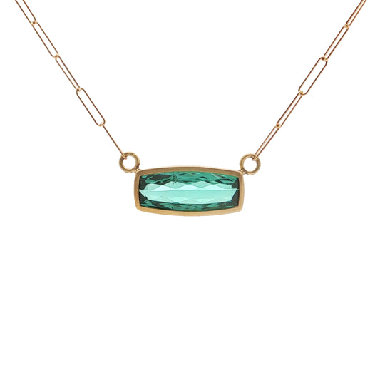 Green Tourmaline Cushion Bezel Necklace 3.00ct 18K Yellow Gold