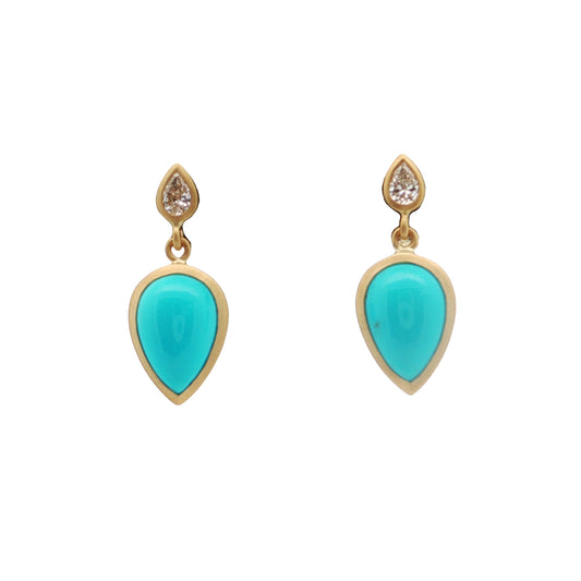 Turquoise/Diamond Pear Shape Bezel Earring 2.59/0.15ct 18K Yellow Gold