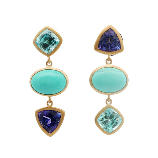 Turquoise/Blue Zircon/Tanzanite 3 Stone Earring 3.37/3.09/2.37ct 18K Yellow Gold