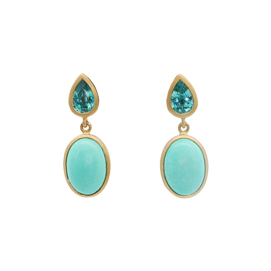 Turquoise/Blue Zircon Oval/Pear Shape Bezel Earring 3.66/1.21ct 18K Yellow Gold