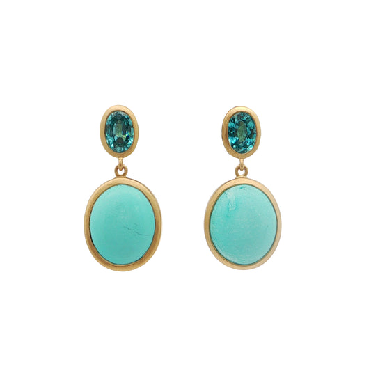 Turquoise/Blue Zircon Oval Bezel Earring 7.72/1.81ct 18K Yellow Gold