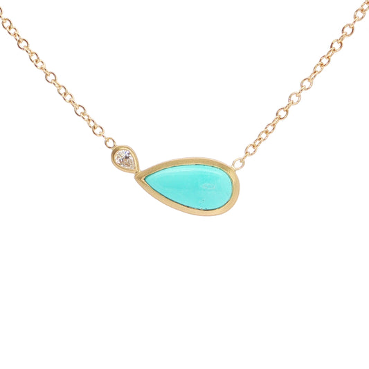 Turquoise/Diamond Pear Shape 2 Stone Necklace 1.34/0.08ct 18K Yellow Gold
