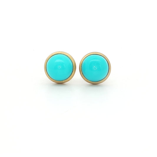 Turquoise Round Bezel Earring 3.19ct 18K Yellow Gold