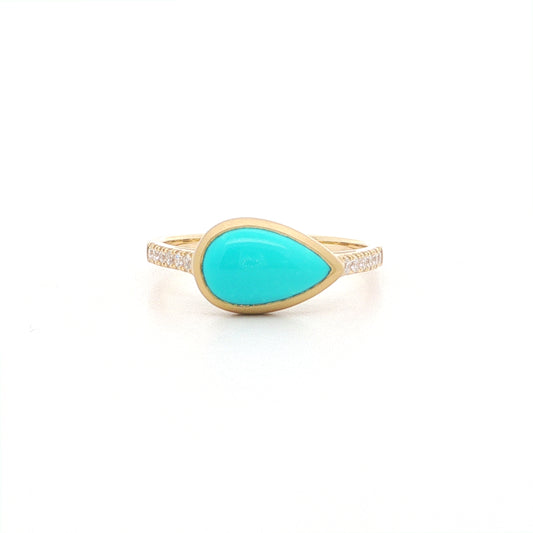 Turquoise Pear Shape Skinny Stack Ring 1.24/0.12ct 18K Yellow Gold Size 7