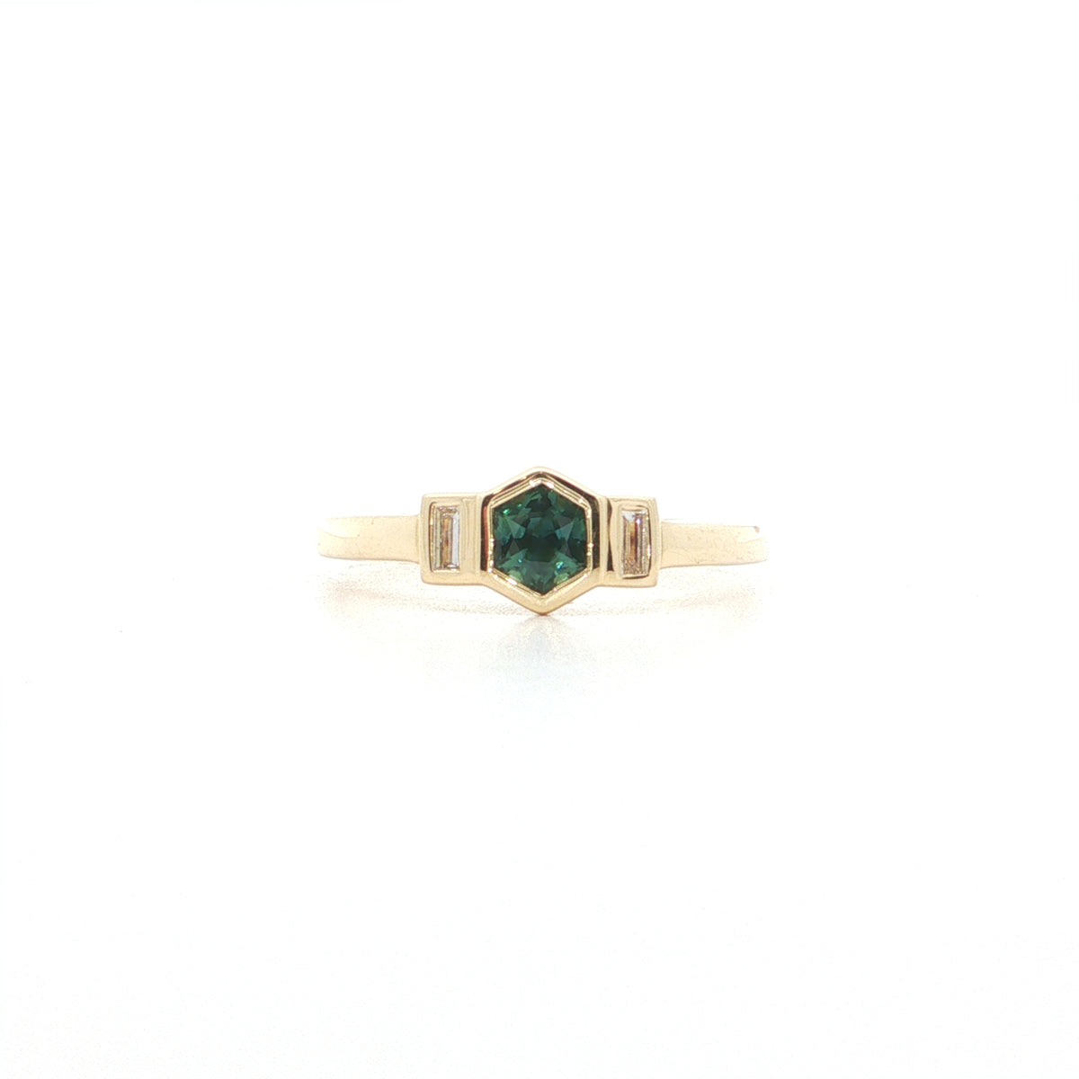 Teal Sapphire/Diamond Hexagon 3 Stone Ring 0.35/0.08ct 18K Yellow Gold Size 7