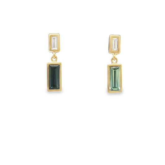 Teal Sapphire/Diamond Baguette Bezel Earring 0.97/0.13ct 18K Yellow Gold
