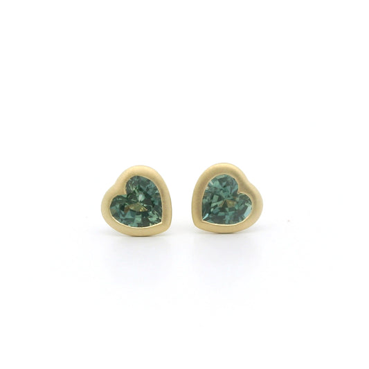 Teal Sapphire Heart Bezel Earring 1.08ct 18K Yellow Gold