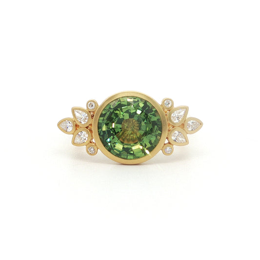 Teal Sapphire Round Bezel with Diamonds Ring 4.32/0.30ct 18K Yellow Gold Size 7