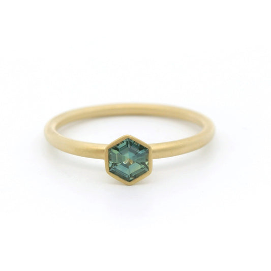 Teal Sapphire Hexagon Yumdrop Ring 0.34ct 18K Yellow Gold Size 7
