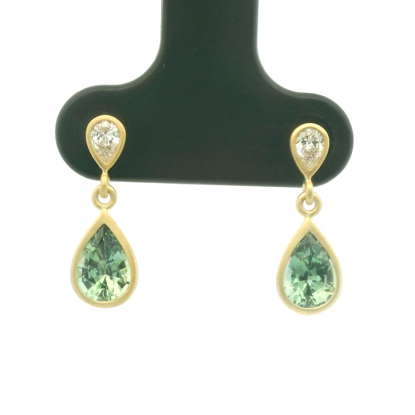 Teal Sapphire/Diamond Pear Shape Bezel Earring 1.17/0.15ct 18K Yellow Gold