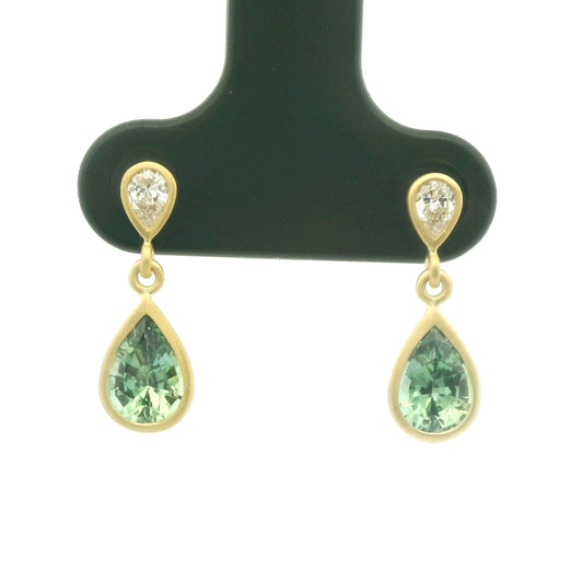 Teal Sapphire/Diamond Pear Shape Bezel Earring 1.17/0.15ct 18K Yellow Gold