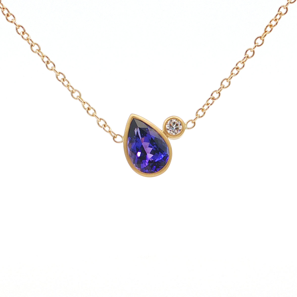 Tanzanite/Diamond Pear Shape 2 Stone Necklace 1.53/0.08ct 18K Yellow Gold