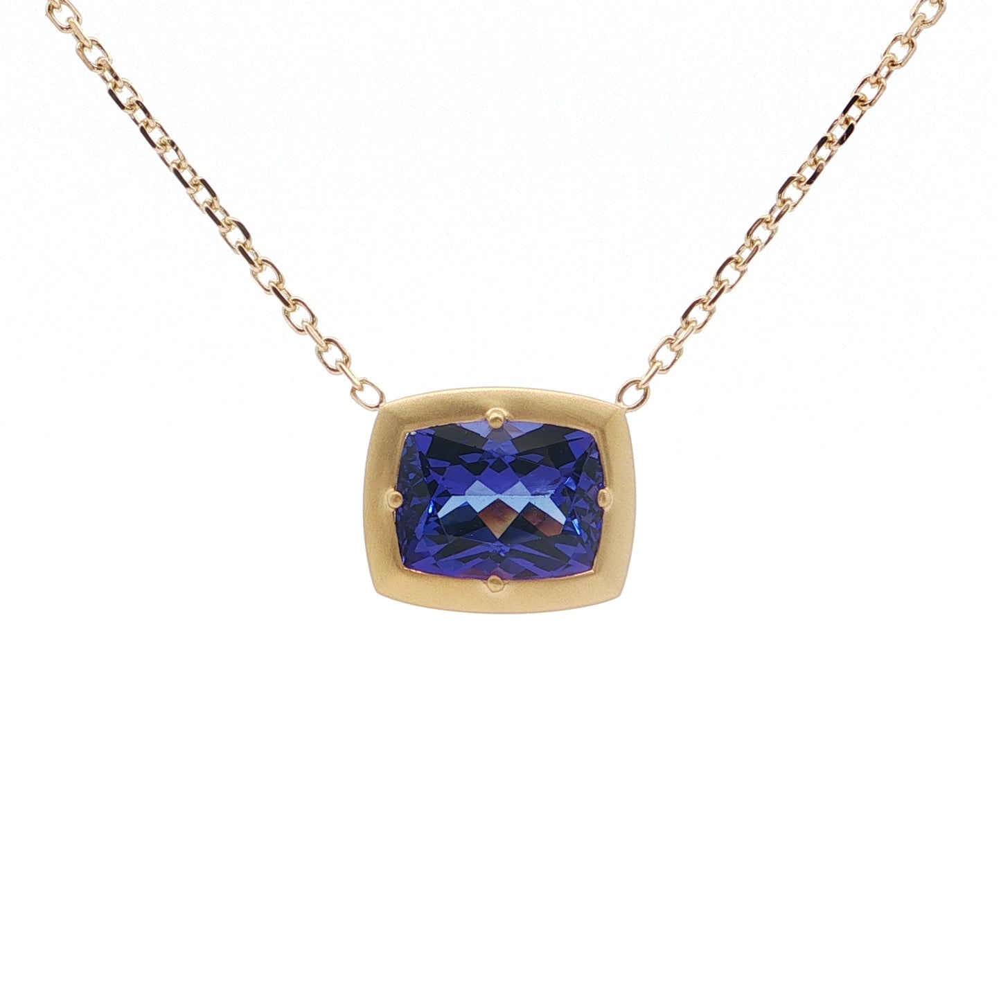 Tanzanite Cushion Big Bezel Necklace 4.06ct 18K Yellow Gold