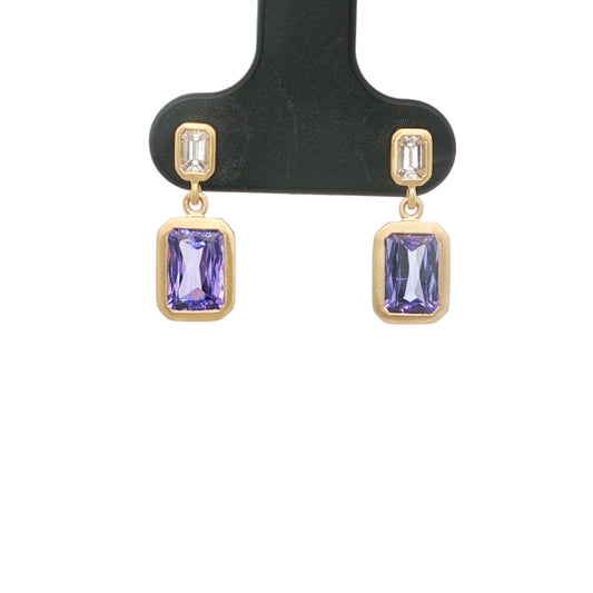 Tanzanite/Diamond Emerald Cut Bezel Earring 1.63/0.24ct 18K Yellow Gold