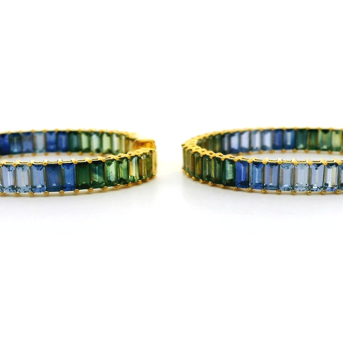 Blue Sapphire/Green Sapphire Baguette Ombré Hoop Earring 10.90ct 18K Yellow Gold