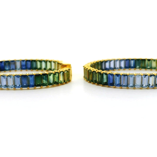 Blue Sapphire/Green Sapphire Baguette Ombré Hoop Earring 10.90ct 18K Yellow Gold