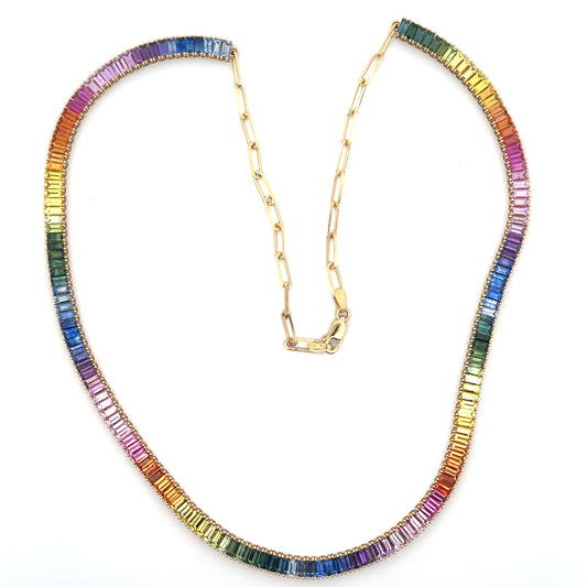 Rainbow Baguette Tennis Necklace with Chain 22.62ct 18K Yellow Gold