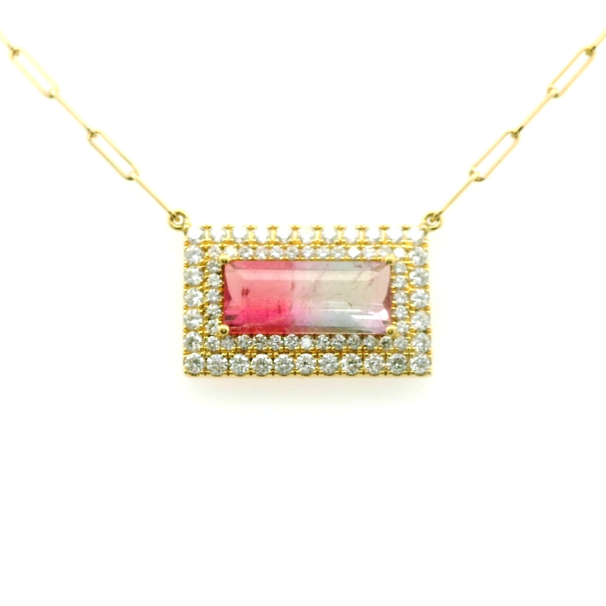 Bicolor Tourmaline Emerald Cut Double Halo Necklace 3.15/1.12ct 18K Yellow Gold
