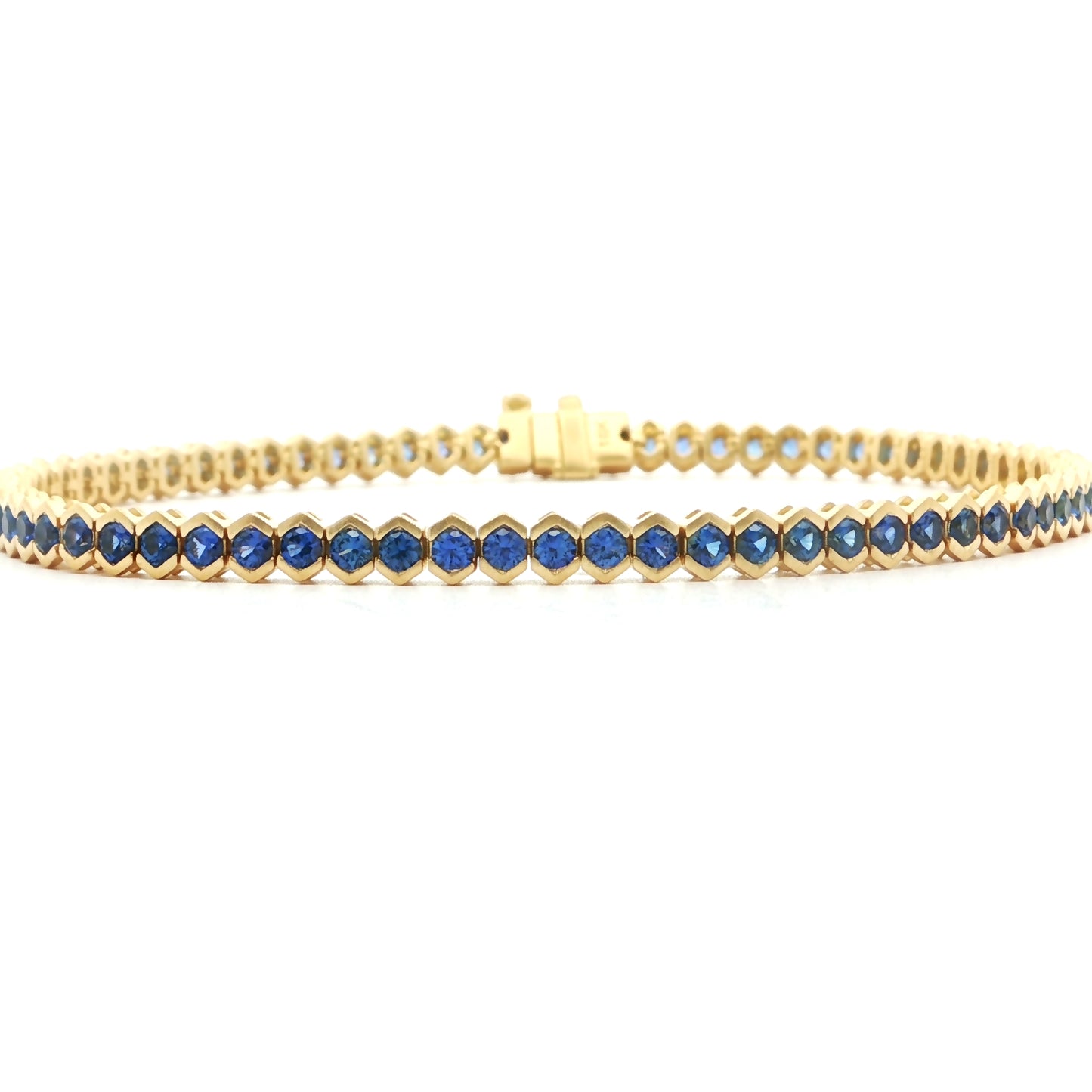 Blue Sapphire Round Tennis Hexagon Bracelet ~3.40ct 18K Yellow Gold 7"