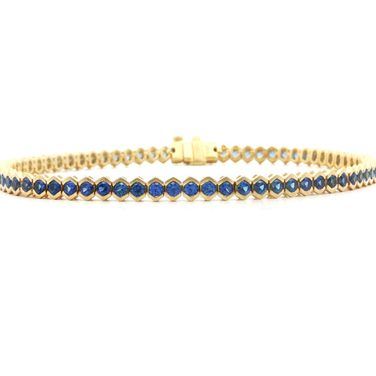 Blue Sapphire Round Tennis Hexagon Bracelet ~3.40ct 18K Yellow Gold 7"