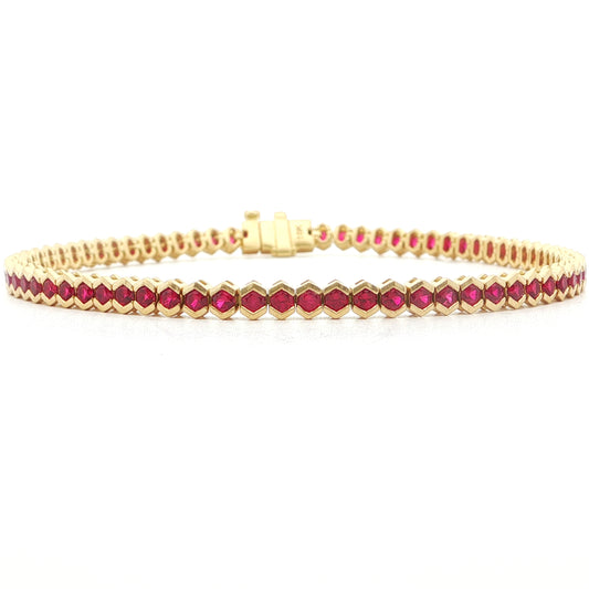 Ruby Round Tennis Hexagon Bracelet ~3.50ct 18K Yellow Gold 7"
